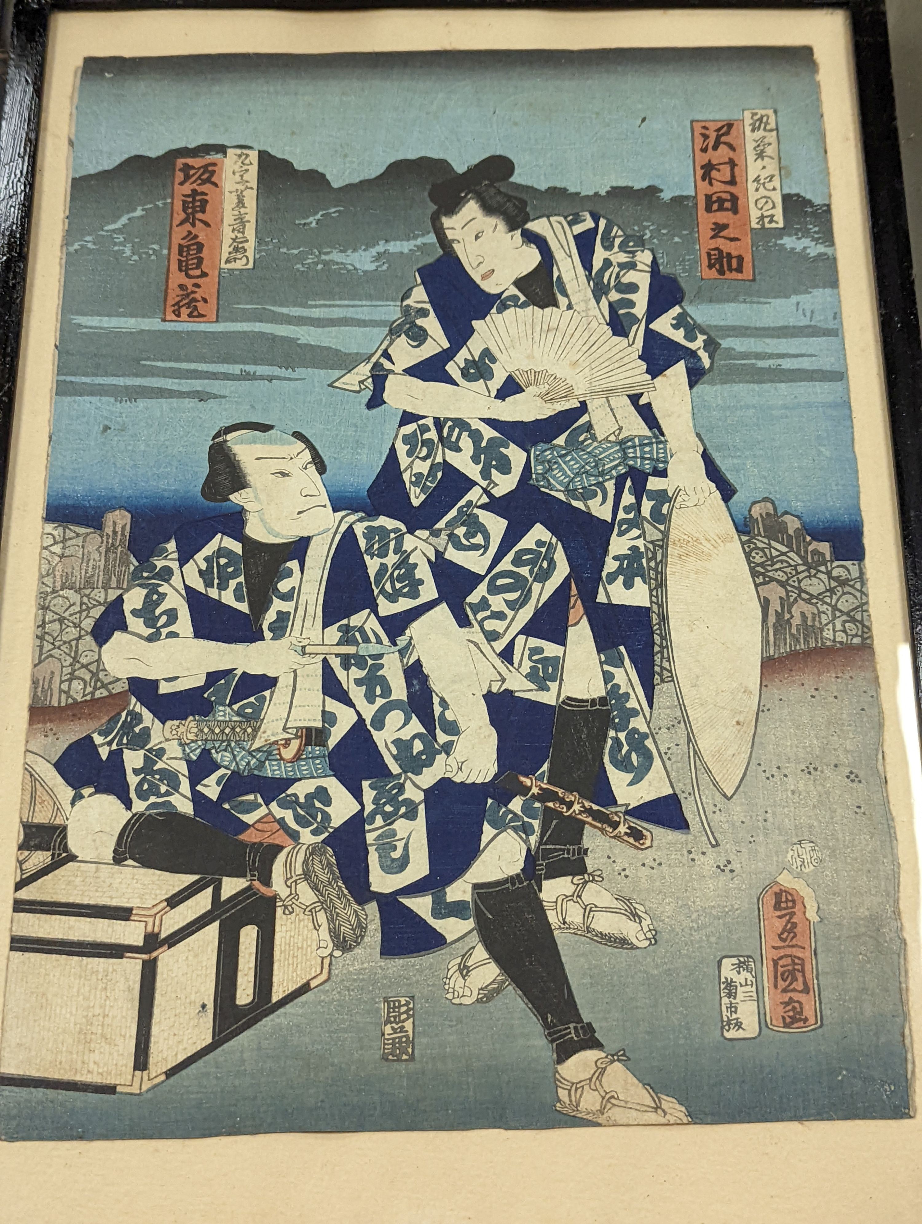 Kunichika (1835-1905), woodblock print, Actors holding a letter, 35 x 25cm with ten other assorted woodblock prints